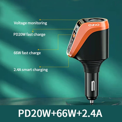 Ozio DY48TC 188W Type-C + USB Dual Port Multi-function Car Charger with Cigarette Lighter (Orange) - Car Charger by ozio | Online Shopping South Africa | PMC Jewellery | Buy Now Pay Later Mobicred