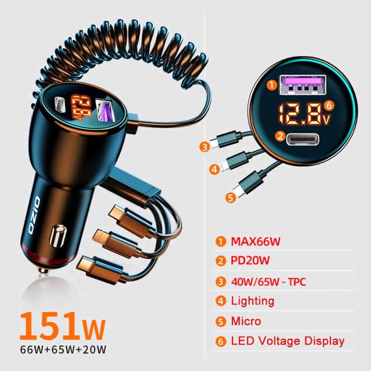 Ozio HX06 151W Type-C + USB Dual Port Car Charger with 3 in 1 Spring Data Cable - Car Charger by ozio | Online Shopping South Africa | PMC Jewellery | Buy Now Pay Later Mobicred