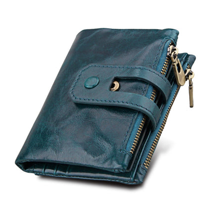 Genuine Cowhide Leather Crazy Horse Texture Zipper 3-folding Card Holder Wallet RFID Blocking Coin Purse Card Bag Protect Case for Men, Size: 12*9.5*3.5cm(Blue) - Antimagnetic RFID Package by PMC Jewellery | Online Shopping South Africa | PMC Jewellery | Buy Now Pay Later Mobicred