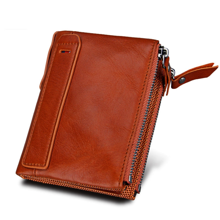 Genuine Cowhide Leather Crazy Horse Texture Dual Zipper Short Style Card Holder Wallet RFID Blocking Card Bag Protect Case for Men, Size: 12.1*9.4*2.7cm(Orange) - Antimagnetic RFID Package by PMC Jewellery | Online Shopping South Africa | PMC Jewellery | Buy Now Pay Later Mobicred