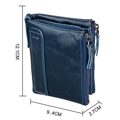 Genuine Cowhide Leather Crazy Horse Texture Dual Zipper Short Style Card Holder Wallet RFID Blocking Card Bag Protect Case for Men, Size: 12.1*9.4*2.7cm(Blue) - Antimagnetic RFID Package by PMC Jewellery | Online Shopping South Africa | PMC Jewellery | Buy Now Pay Later Mobicred