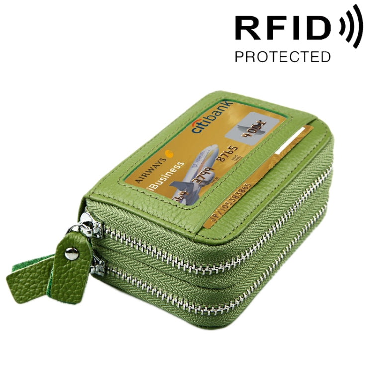 Genuine Cowhide Leather Dual Layer Solid Color Zipper Card Holder Wallet RFID Blocking Coin Purse Card Bag Protective Case with 11 Card Slots & Coin Position, Size: 11*7.5*4.5cm(Green) - Antimagnetic RFID Package by PMC Jewellery | Online Shopping South Africa | PMC Jewellery | Buy Now Pay Later Mobicred