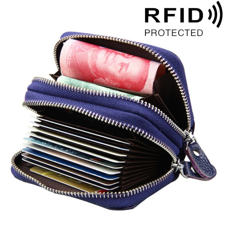 Genuine Leather Dual Layer Zipper Card Holder Wallet RFID Blocking Purse, Size: 10.5x7.0x4.0cm(Dark Blue) - Antimagnetic RFID Package by PMC Jewellery | Online Shopping South Africa | PMC Jewellery | Buy Now Pay Later Mobicred