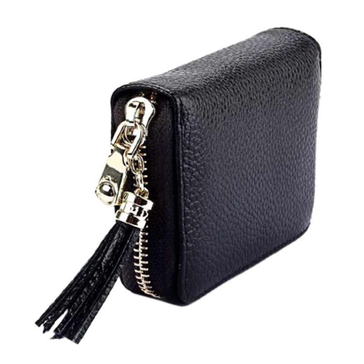 Genuine Cowhide Leather Solid Color Zipper Card Holder Wallet RFID Blocking Card Bag Protect Case Coin Purse with Tassel Pendant & 15 Card Slots for Women, Size: 11.1*7.6*3.5cm(Black) - Antimagnetic RFID Package by PMC Jewellery | Online Shopping South Africa | PMC Jewellery | Buy Now Pay Later Mobicred