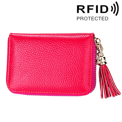 Genuine Cowhide Leather Solid Color Zipper Card Holder Wallet RFID Blocking Card Bag Protect Case Coin Purse with Tassel Pendant & 15 Card Slots for Women, Size: 11.1*7.6*3.5cm(Magenta) - Antimagnetic RFID Package by PMC Jewellery | Online Shopping South Africa | PMC Jewellery | Buy Now Pay Later Mobicred