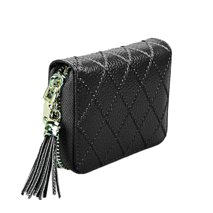 Genuine Cowhide Leather Grid Texture Zipper Card Holder Wallet RFID Blocking Card Bag Protect Case Coin Purse with Tassel Pendant & 15 Card Slots for Women, Size: 11.1*7.9*3.5cm(Black) - Antimagnetic RFID Package by PMC Jewellery | Online Shopping South Africa | PMC Jewellery | Buy Now Pay Later Mobicred