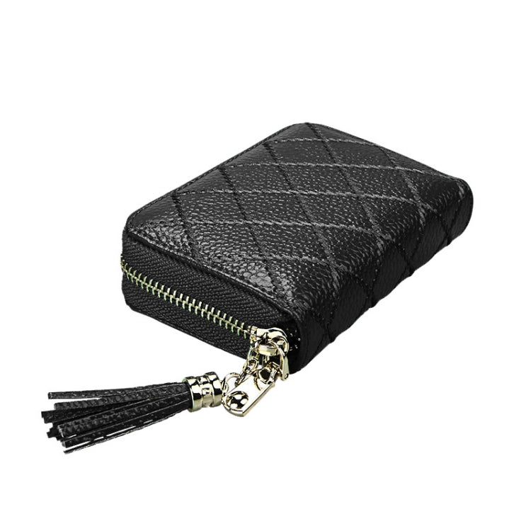 Genuine Cowhide Leather Grid Texture Zipper Card Holder Wallet RFID Blocking Card Bag Protect Case Coin Purse with Tassel Pendant & 15 Card Slots for Women, Size: 11.1*7.9*3.5cm(Black) - Antimagnetic RFID Package by PMC Jewellery | Online Shopping South Africa | PMC Jewellery | Buy Now Pay Later Mobicred