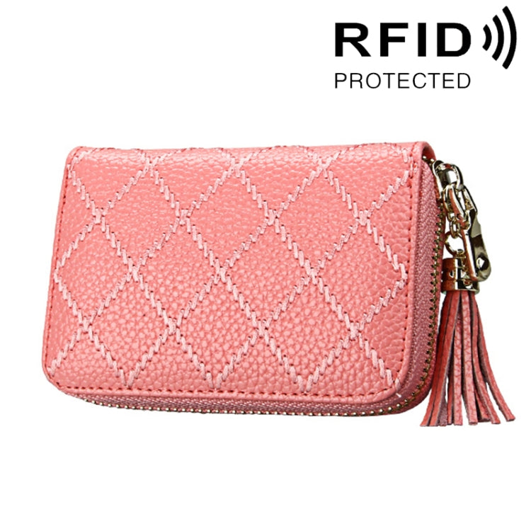 Genuine Cowhide Leather Grid Texture Zipper Card Holder Wallet RFID Blocking Card Bag Protect Case Coin Purse with Tassel Pendant & 15 Card Slots for Women, Size: 11.1*7.9*3.5cm(Pink) - Antimagnetic RFID Package by PMC Jewellery | Online Shopping South Africa | PMC Jewellery | Buy Now Pay Later Mobicred