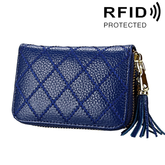 Genuine Cowhide Leather Grid Texture Zipper Card Holder Wallet RFID Blocking Card Bag Protect Case Coin Purse with Tassel Pendant & 15 Card Slots for Women, Size: 11.1*7.9*3.5cm(Blue) - Antimagnetic RFID Package by PMC Jewellery | Online Shopping South Africa | PMC Jewellery | Buy Now Pay Later Mobicred