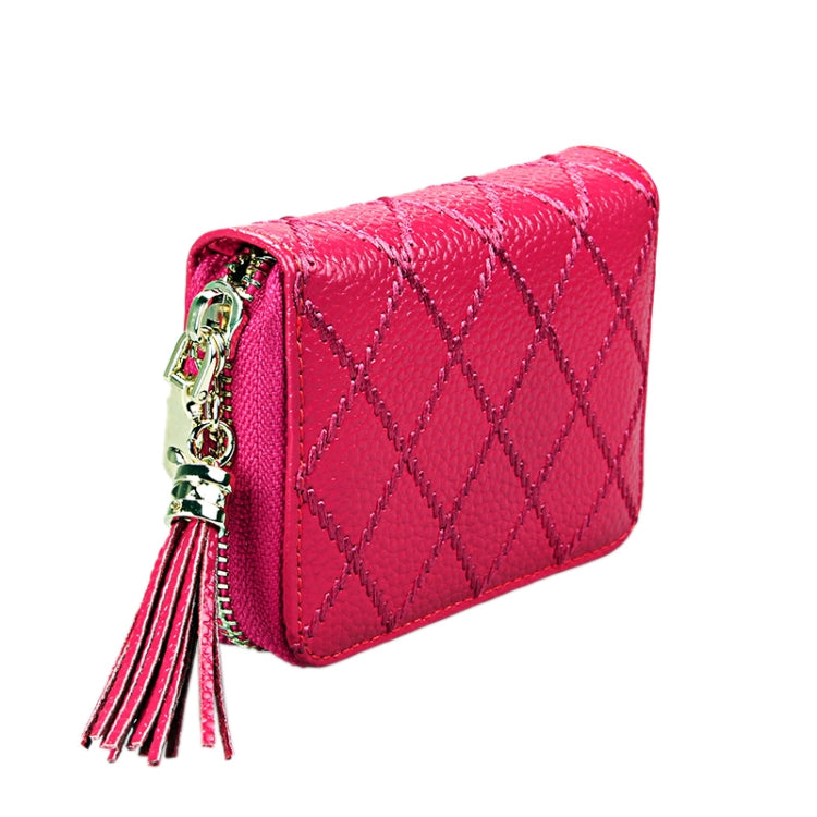 Genuine Cowhide Leather Grid Texture Zipper Card Holder Wallet RFID Blocking Card Bag Protect Case Coin Purse with Tassel Pendant & 15 Card Slots for Women, Size: 11.1*7.9*3.5cm(Magenta) - Antimagnetic RFID Package by PMC Jewellery | Online Shopping South Africa | PMC Jewellery | Buy Now Pay Later Mobicred