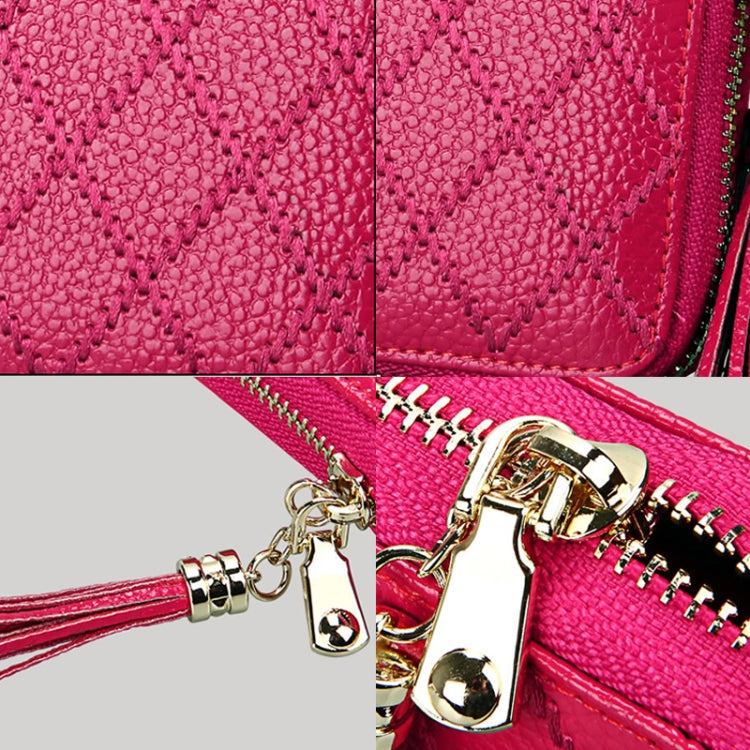 Genuine Cowhide Leather Grid Texture Zipper Card Holder Wallet RFID Blocking Card Bag Protect Case Coin Purse with Tassel Pendant & 15 Card Slots for Women, Size: 11.1*7.9*3.5cm(Magenta) - Antimagnetic RFID Package by PMC Jewellery | Online Shopping South Africa | PMC Jewellery | Buy Now Pay Later Mobicred