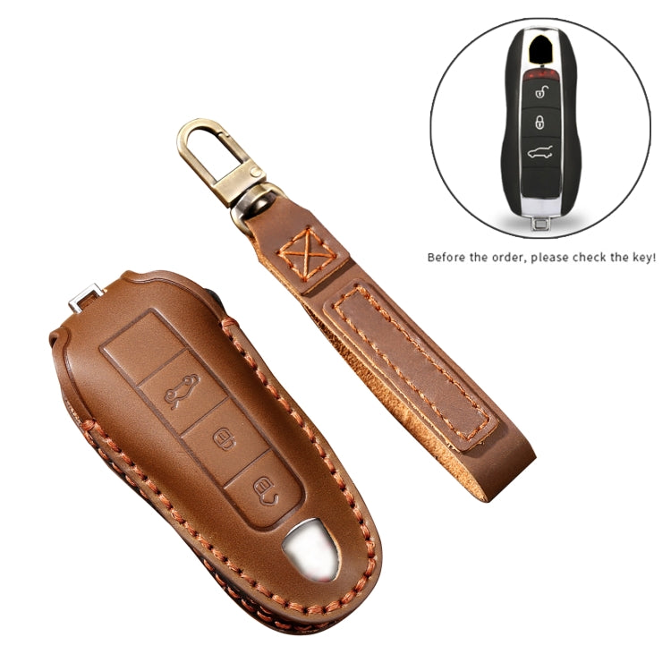 Hallmo Car Cowhide Leather Key Protective Cover Key Case for Porsche Macan 718 2021 A Style(Blue) - Car Key Cases by Hallmo | Online Shopping South Africa | PMC TechLife | Buy Now Pay Later Mobicred