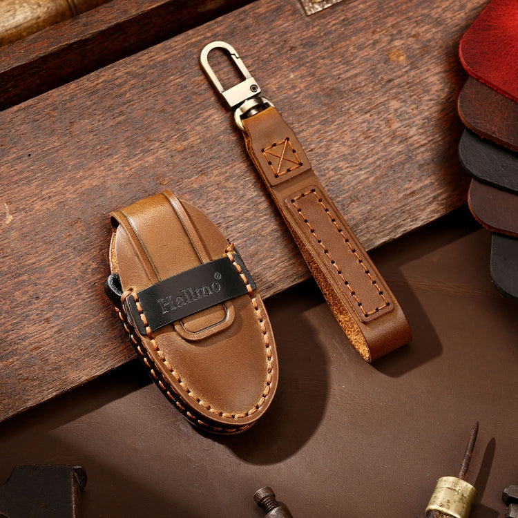 Hallmo Car Cowhide Leather Key Protective Cover Key Case for Nissan Sylphy 3-button Tail Box(Brown) - Car Key Cases by Hallmo | Online Shopping South Africa | PMC TechLife | Buy Now Pay Later Mobicred