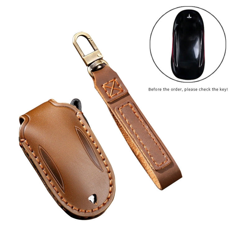 Hallmo Car Cowhide Leather Key Protective Cover Key Case for Tesla Model 3 / S A Style(Blue) - Car Key Cases by Hallmo | Online Shopping South Africa | PMC TechLife | Buy Now Pay Later Mobicred