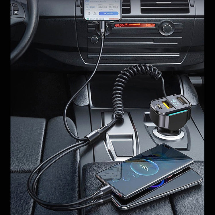 K4 Car 3 in 1 PD + USB Dual Port Fast Charger with Spring Data Cable - Car Charger by PMC Jewellery | Online Shopping South Africa | PMC Jewellery | Buy Now Pay Later Mobicred