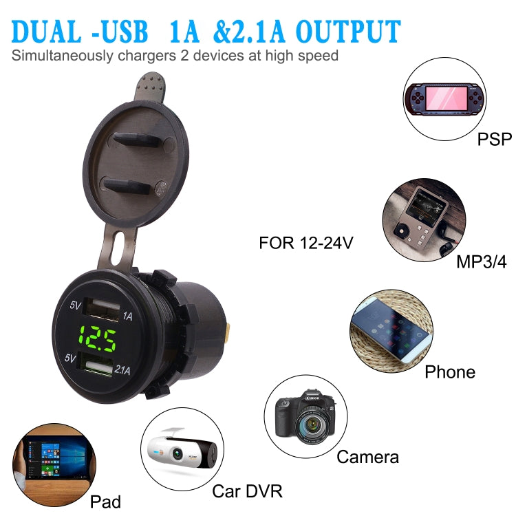 Universal Car Dual Port USB Charger Power Outlet Adapter 3.1A 5V IP66 with LED Digital Voltmeter + 60cm Cable(Green Light) - DIY Modified Charger by PMC Jewellery | Online Shopping South Africa | PMC Jewellery | Buy Now Pay Later Mobicred