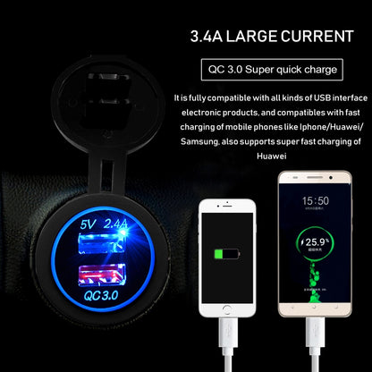 Universal Car QC3.0 Dual Port USB Charger Power Outlet Adapter 5V 2.4A IP66 with 60cm Cable(Green Light) - DIY Modified Charger by PMC Jewellery | Online Shopping South Africa | PMC Jewellery | Buy Now Pay Later Mobicred