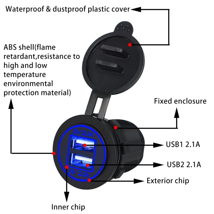 Universal Car Dual USB Charger Power Outlet Adapter 4.2A 5V IP66 with Aperture + 60cm Cable(Blue Light) - free shipping - PMC TechLife - Order now!