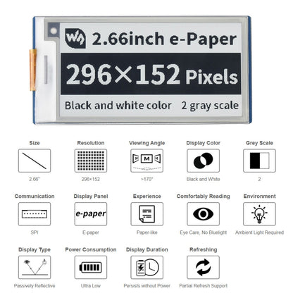 Waveshare 2.66 inch 296 x 152 Pixel Black / White E-Paper E-Ink Display Module for Raspberry Pi Pico, SPI Interface - Modules Expansions Accessories by WAVESHARE | Online Shopping South Africa | PMC Jewellery | Buy Now Pay Later Mobicred