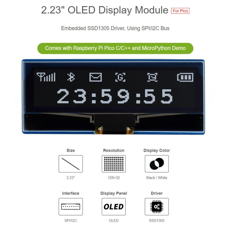 WAVESHARE 128 x 32 Pixel 2.23 inch OLED Display Module for Raspberry Pi Pico, SPI/I2C - Modules Expansions Accessories by WAVESHARE | Online Shopping South Africa | PMC Jewellery | Buy Now Pay Later Mobicred