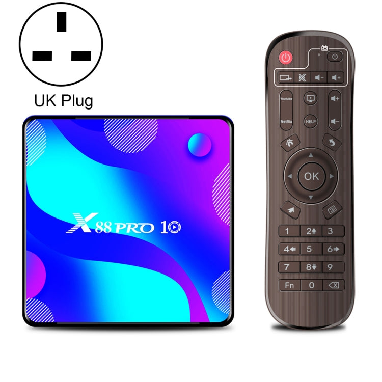 X88 Pro 10 4K Ultra HD Android TV Box with Remote Controller, Android 10.0, RK3318 Quad-Core 64bit Cortex-A53, 4GB+64GB, Support Bluetooth / Dual-Band WiFi / TF Card / USB / AV / Ethernet(UK Plug) - RK3318 by PMC Jewellery | Online Shopping South Africa | PMC Jewellery | Buy Now Pay Later Mobicred