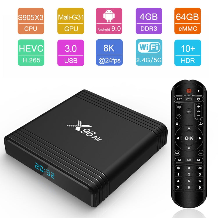 X96 Air 8K Smart TV BOX Android 9.0 Media Player with Remote Control, Quad-core Amlogic S905X3, RAM: 2GB, ROM: 16GB, Dual Band WiFi, EU Plug - Amlogic S905 by PMC Jewellery | Online Shopping South Africa | PMC Jewellery | Buy Now Pay Later Mobicred