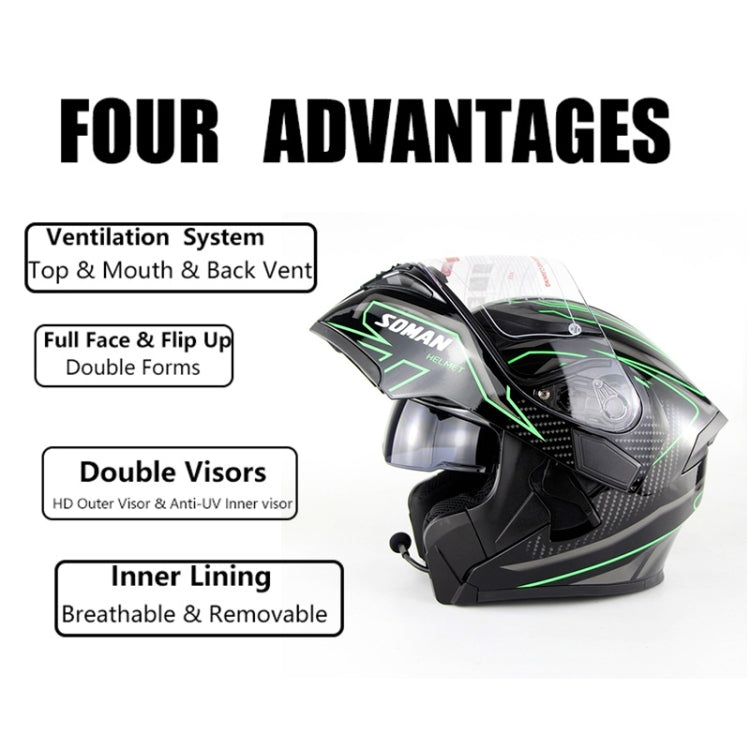 Soman 955 Skyeye Motorcycle Full / Open Face Bluetooth Helmet Headset Full Face, Supports Answer / Hang Up Calls(Black Green) - Helmets by SOMAN | Online Shopping South Africa | PMC Jewellery | Buy Now Pay Later Mobicred