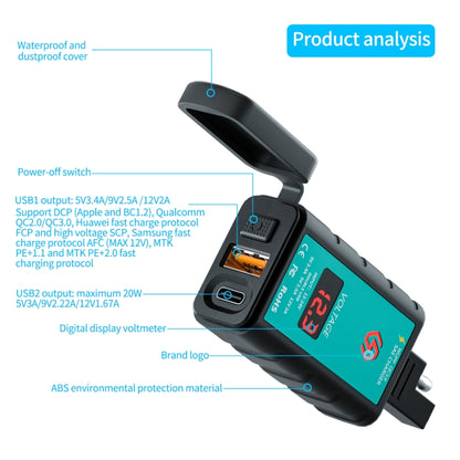 WUPP ZH-1422B3 DC12-24V Motorcycle Square Single USB + PD Fast Charging Charger with Switch + Voltmeter + Integrated SAE Socket + 1.4m OT Terminal Cable - Battery Charger by WUPP | Online Shopping South Africa | PMC Jewellery | Buy Now Pay Later Mobicred