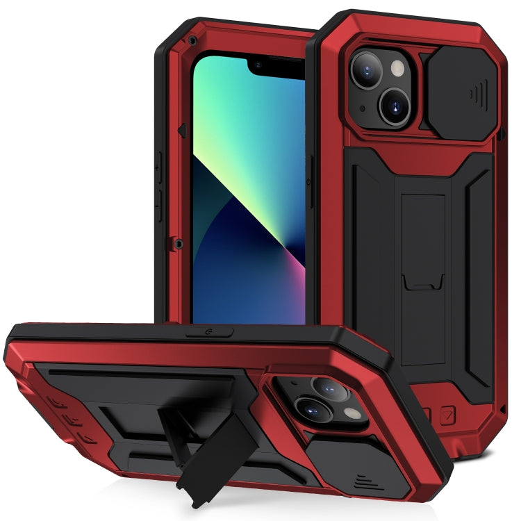 For iPhone 13 mini R-JUST Sliding Camera Shockproof Life Waterproof Dust-proof Metal + Silicone Protective Case with Holder (Red) - iPhone 13 mini Cases by R-JUST | Online Shopping South Africa | PMC TechLife | Buy Now Pay Later Mobicred