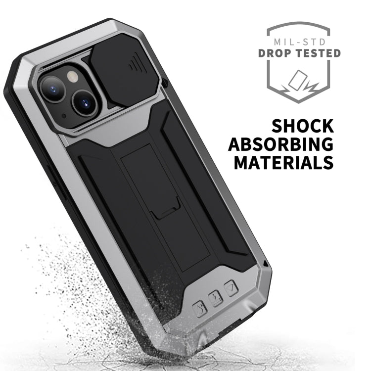 For iPhone 13 R-JUST Sliding Camera Shockproof Life Waterproof Dust-proof Metal + Silicone Protective Case with Holder(Silver) - iPhone 13 Cases by R-JUST | Online Shopping South Africa | PMC TechLife | Buy Now Pay Later Mobicred