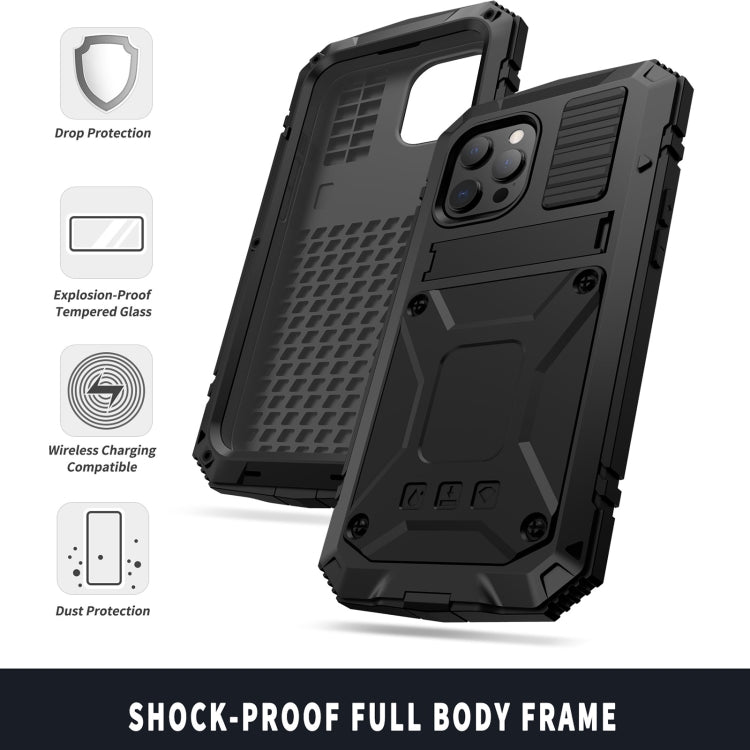 For iPhone 13 Pro R-JUST Shockproof Waterproof Dust-proof Metal + Silicone Protective Case with Holder (Black) - iPhone 13 Pro Cases by R-JUST | Online Shopping South Africa | PMC TechLife | Buy Now Pay Later Mobicred
