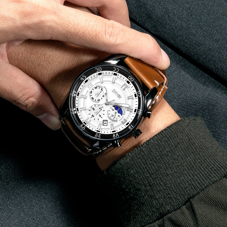SKMEI 9249 Men Moonphase Calendar Stopwatch Leather Strap Quartz Watch(Brown Silver) - free shipping - PMC TechLife - Order now!