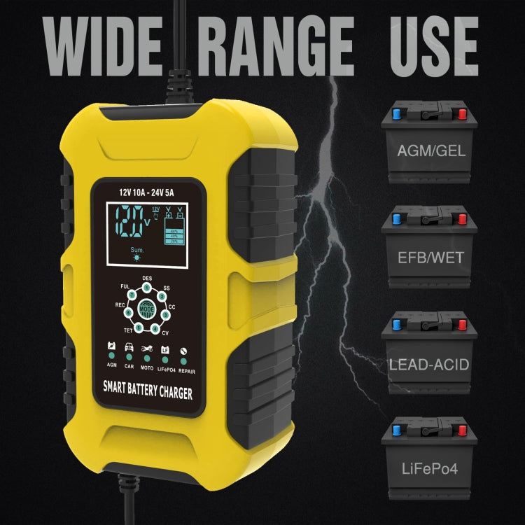 FOXSUR 10A 12V 7-segment Motorcycle / Car Smart Battery Charger, Plug Type:UK Plug(Yellow) - Battery Charger by FOXSUR | Online Shopping South Africa | PMC Jewellery | Buy Now Pay Later Mobicred