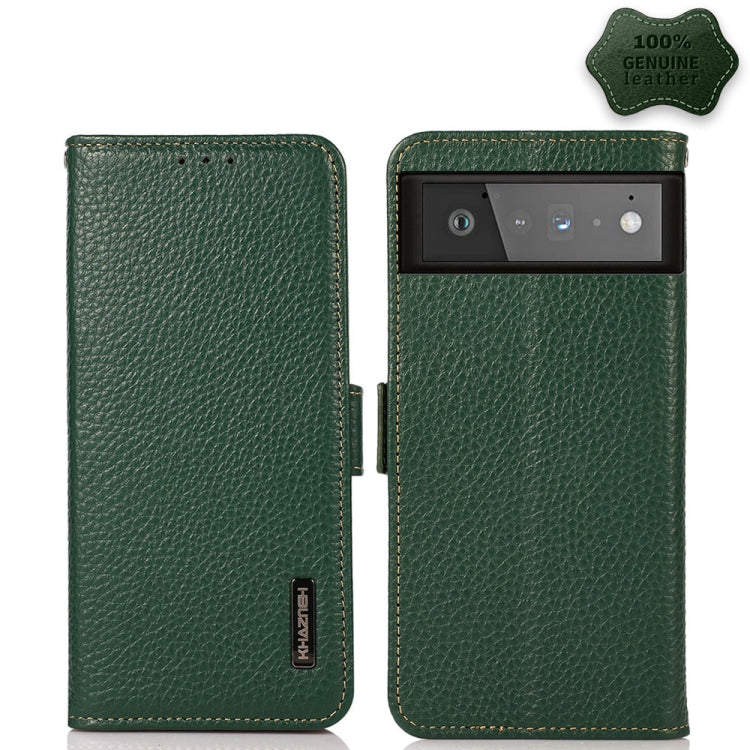 For Google Pixel 6 KHAZNEH Side-Magnetic Litchi Genuine Leather RFID Case(Green) - Google Cases by PMC TechLife | Online Shopping South Africa | PMC TechLife | Buy Now Pay Later Mobicred