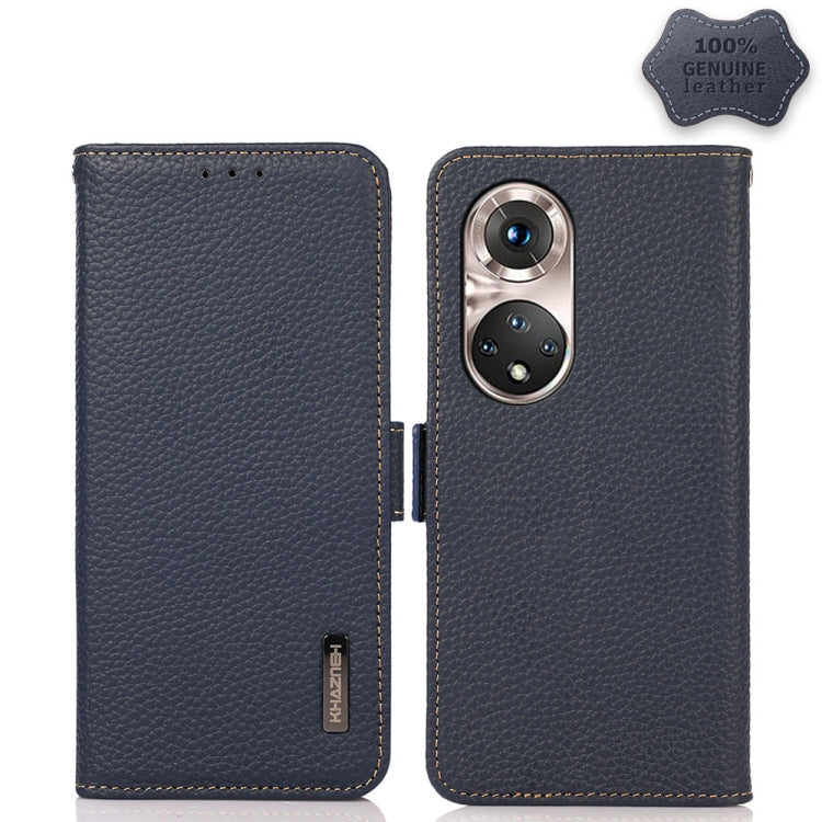 For Honor 50 Pro KHAZNEH Side-Magnetic Litchi Genuine Leather RFID Phone Case(Blue) - Honor Cases by PMC TechLife | Online Shopping South Africa | PMC TechLife | Buy Now Pay Later Mobicred