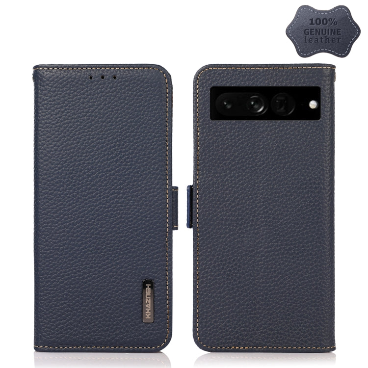 For Google Pixel 7 Pro 5G KHAZNEH Side-Magnetic Litchi Genuine Leather RFID Phone Case(Blue) - Google Cases by PMC TechLife | Online Shopping South Africa | PMC TechLife | Buy Now Pay Later Mobicred
