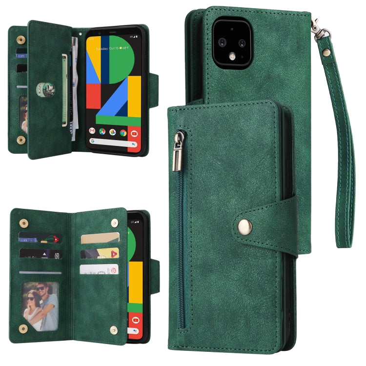 For Google Pixel 4 XL Rivet Buckle 9 Cards Three Fold Leather Phone Case(Green) - Google Cases by PMC TechLife | Online Shopping South Africa | PMC TechLife | Buy Now Pay Later Mobicred
