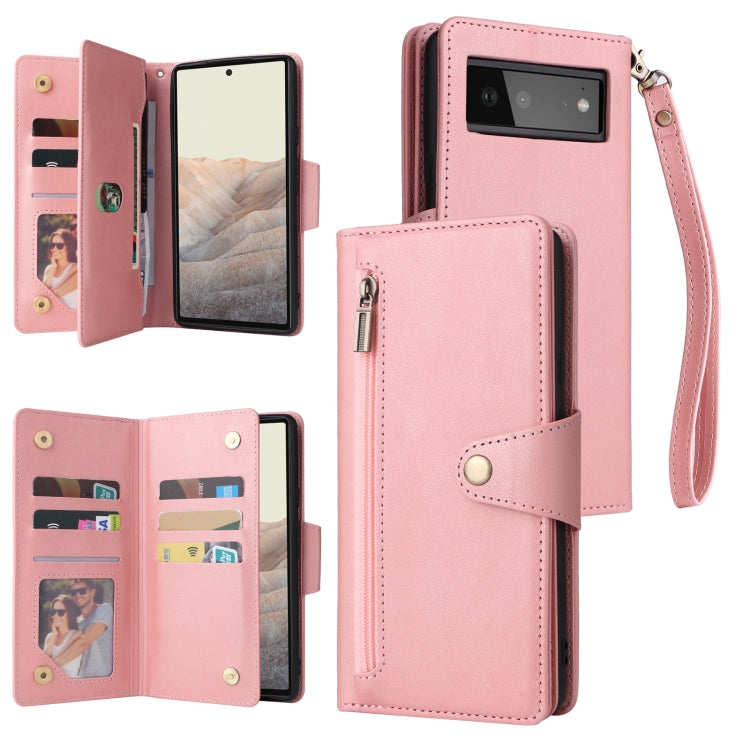 For Google Pixel 6 Rivet Buckle 9 Cards Three Fold Leather Phone Case(Rose Gold) - Google Cases by PMC TechLife | Online Shopping South Africa | PMC TechLife | Buy Now Pay Later Mobicred