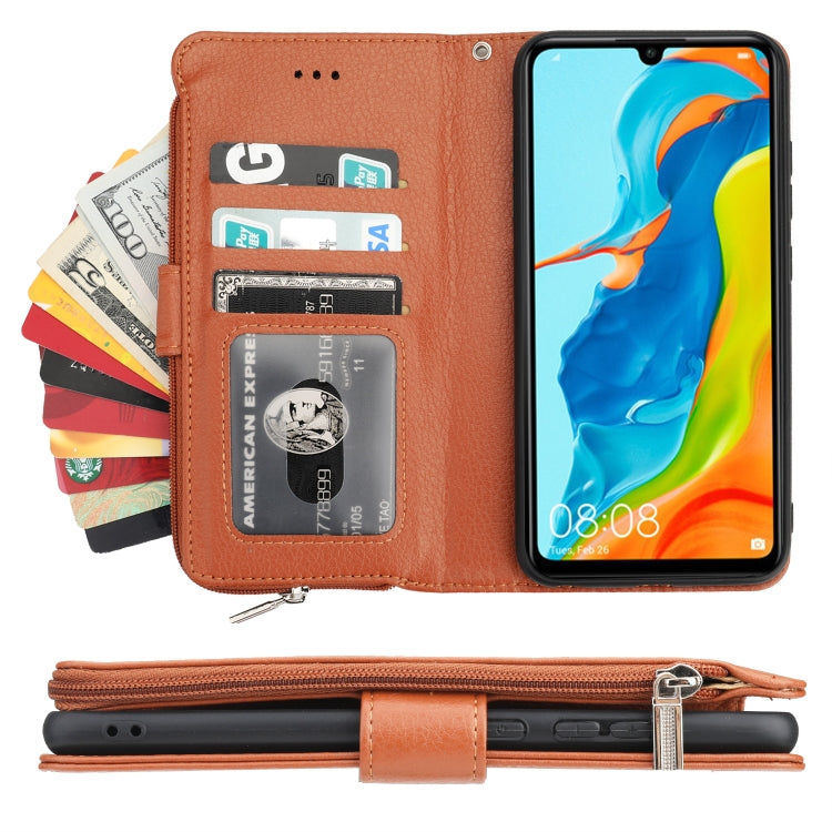 For Huawei P30 Lite Microfiber Zipper Horizontal Flip Leather Case(Brown) - Huawei Cases by PMC TechLife | Online Shopping South Africa | PMC TechLife | Buy Now Pay Later Mobicred