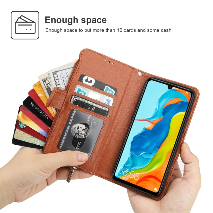 For Huawei P30 Lite Microfiber Zipper Horizontal Flip Leather Case(Brown) - Huawei Cases by PMC TechLife | Online Shopping South Africa | PMC TechLife | Buy Now Pay Later Mobicred