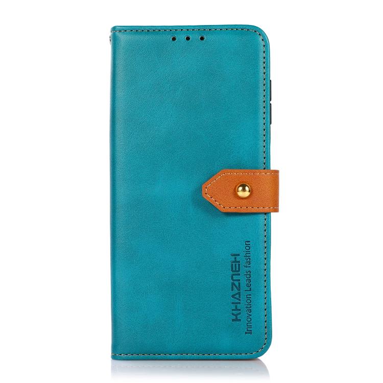 For iPhone 15 KHAZNEH Dual-color Cowhide Texture Flip Leather Phone Case(Blue) - free shipping - PMC TechLife - Order now!