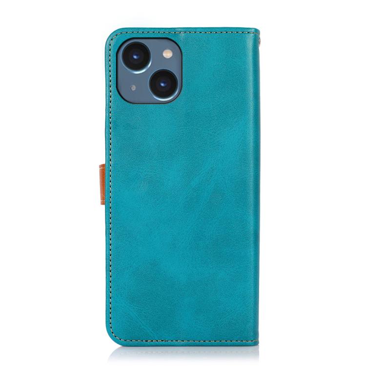 For iPhone 15 KHAZNEH Dual-color Cowhide Texture Flip Leather Phone Case(Blue) - free shipping - PMC TechLife - Order now!