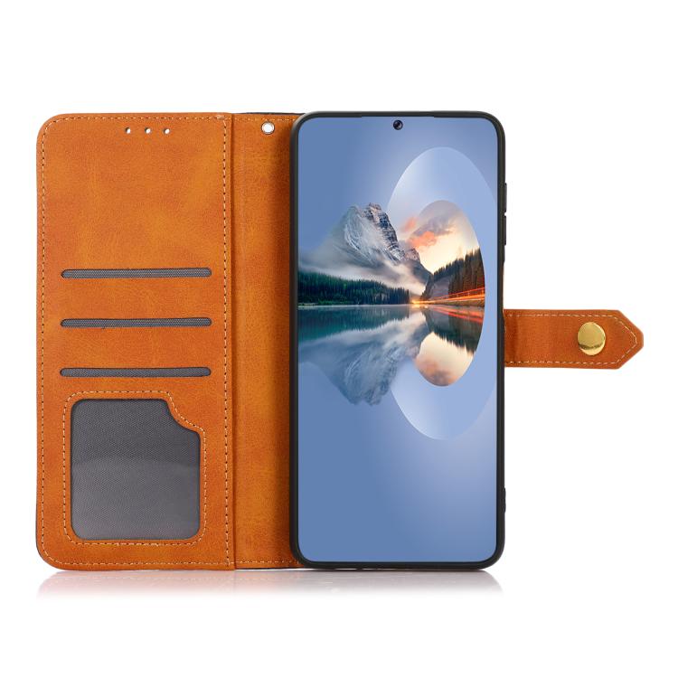 For iPhone 15 KHAZNEH Dual-color Cowhide Texture Flip Leather Phone Case(Brown) - iPhone 16e Cases by PMC TechLife | Online Shopping South Africa | PMC TechLife | Buy Now Pay Later Mobicred