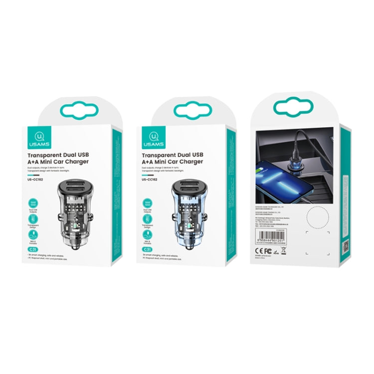 USAMS US-CC162 C31 5V3A Transparent Dual USB Mini Car Charger(Black) - Car Charger by USAMS | Online Shopping South Africa | PMC TechLife | Buy Now Pay Later Mobicred