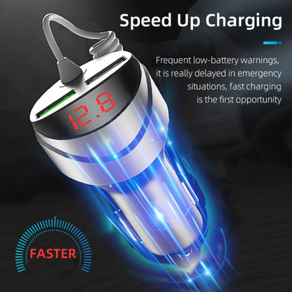 C68 LED Digital Display QC3.0 Fast Car Charger 3 in 1 with Spring Cable (Silver) - Car Charger by PMC Jewellery | Online Shopping South Africa | PMC Jewellery | Buy Now Pay Later Mobicred