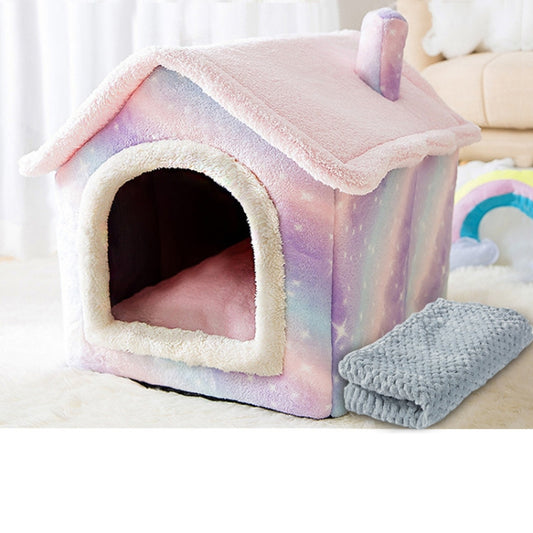 House Type Universal Removable and Washable Pet Dog Cat Bed Pet Supplies, Size:S(Pink Starry Sky + Blanket) - Beds by PMC Jewellery | Online Shopping South Africa | PMC Jewellery | Buy Now Pay Later Mobicred