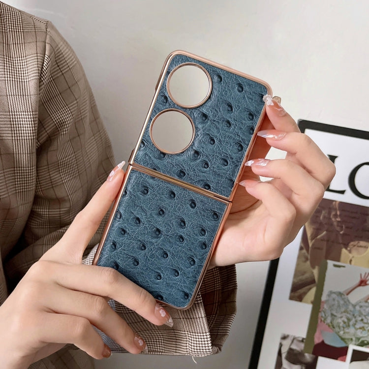 For Huawei P50 Pocket Genuine Leather Ostrich Texture Nano Plating Phone Case(Blue) - Huawei Cases by PMC TechLife | Online Shopping South Africa | PMC TechLife | Buy Now Pay Later Mobicred