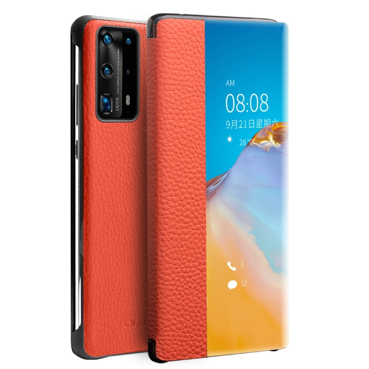 For Huawei P40 QIALINO Litchi Texture Side Window View Leather Phone Case(Orange) - free shipping - PMC TechLife - Order now!