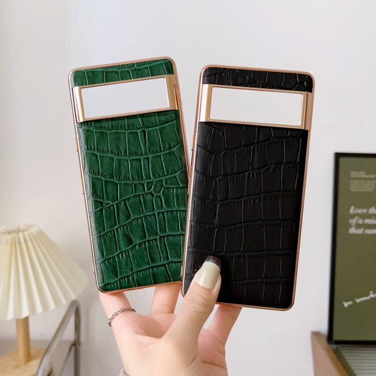 For Google Pixel 7 Crocodile Texture Genuine Leather Electroplating Phone Case(Black) - Google Cases by PMC TechLife | Online Shopping South Africa | PMC TechLife | Buy Now Pay Later Mobicred