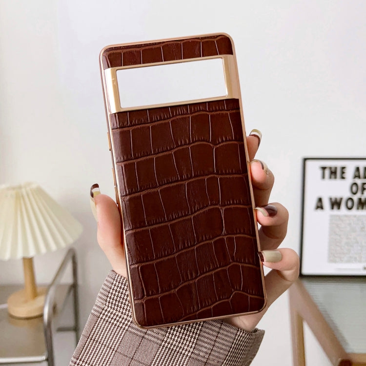 For Google Pixel 6 Pro Crocodile Texture Genuine Leather Electroplating Phone Case(Brown) - Google Cases by PMC TechLife | Online Shopping South Africa | PMC TechLife | Buy Now Pay Later Mobicred